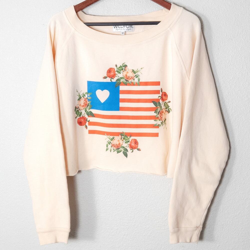 Wildfox Cropped Sweatshirt Cream Size S Romantic Americana Graphic Top